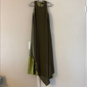 Olive Maxi Dress w/ Pleats & Asymmetrical details